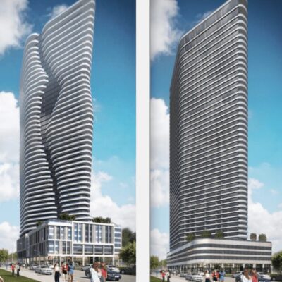 Two renderings of a tall building in the city.