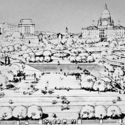 A black and white drawing of a city park.