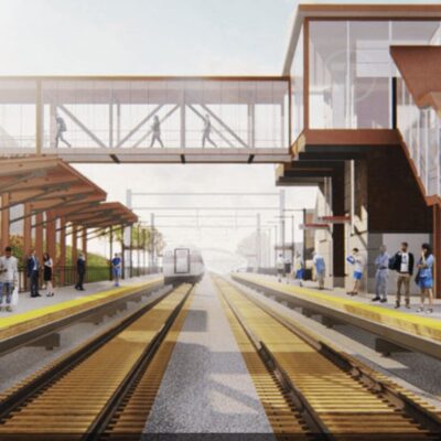 An artist's rendering of a train station.