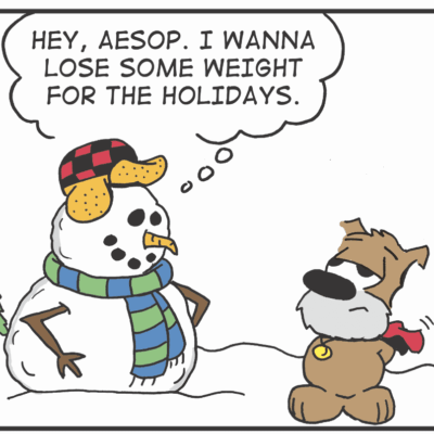 A cartoon with a dog and a snowman.