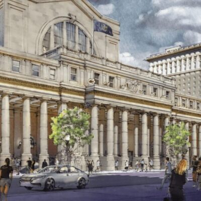 An artist's rendering of a large building with columns.