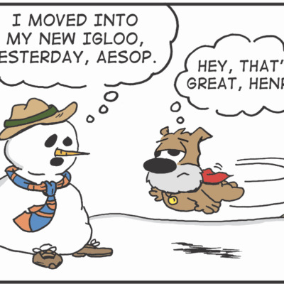 A cartoon of a snowman and a dog.