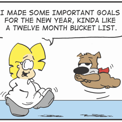A cartoon of a dog and a cat with the words, i made some important goals for the new year, kind of like .