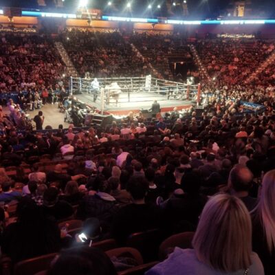 A crowd of people watching a boxing match in an arena.