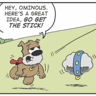 A cartoon of a dog flying a kite.