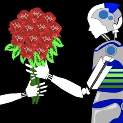A robot handing a woman a bouquet of roses.