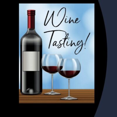 A wine tasting card with two glasses and a bottle of wine.