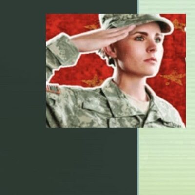 A woman in military uniform salutes in front of a red background, paying tribute to veterans.