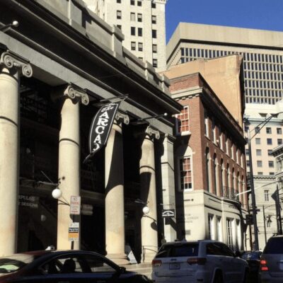 A car driving down a city street.