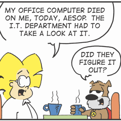 A woman and a dog enjoying a comic strip at a table.