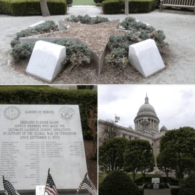 A collage of photos showing a statue of a soldier and a memorial.