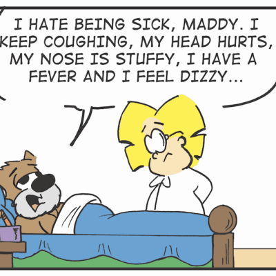 A comics featuring a woman in bed with a dog.