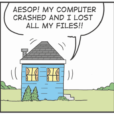 A hilarious cartoon depicting a computer disaster on Free Comic Book Day when my beloved device crashed, resulting in the loss of all my precious files.