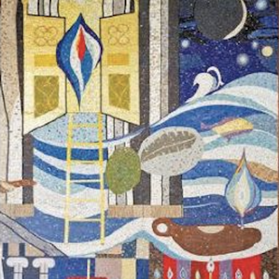 An artistic mosaic showcasing a painting of a sacrificial lamb.