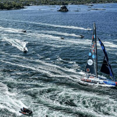 A group of sailboats in a body of water.