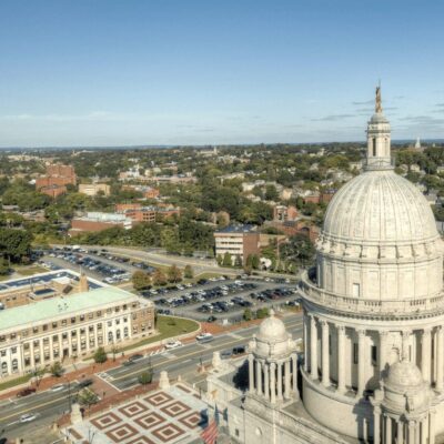 An aerial view of the capitol building.