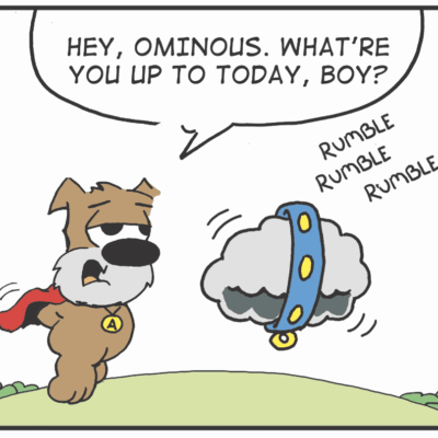 A comics with a dog and a cloud.