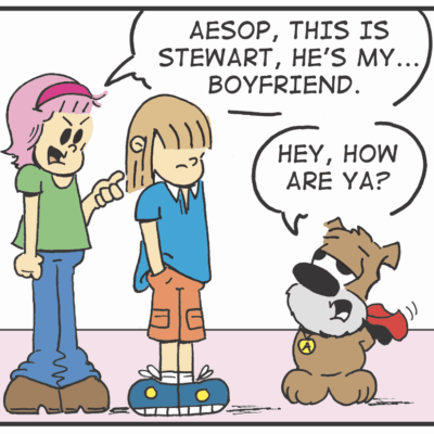 A comic strip with two people and a dog.