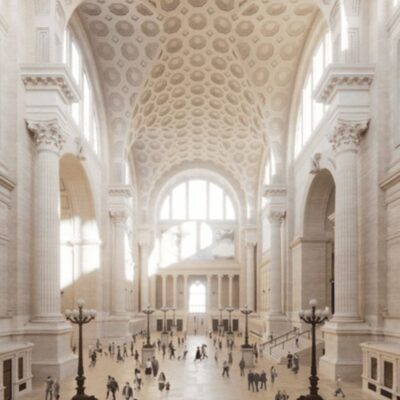 The interior of a large building with many people walking around.