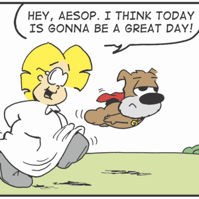 A cartoon of a woman running with a dog.