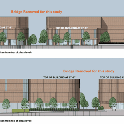 Two renderings of a building with trees in the background.