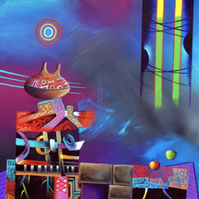 An abstract ART of a cat on a blue background.