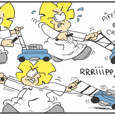 A cartoon of a woman using a lawnmower.