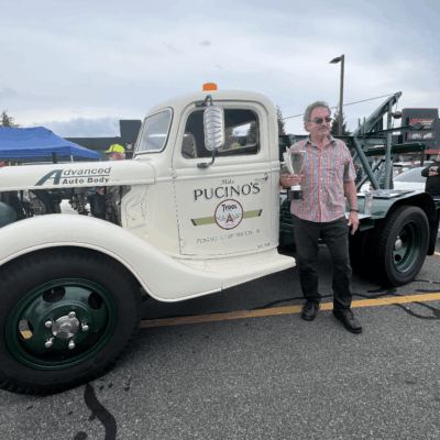 A man standing next to a truck.