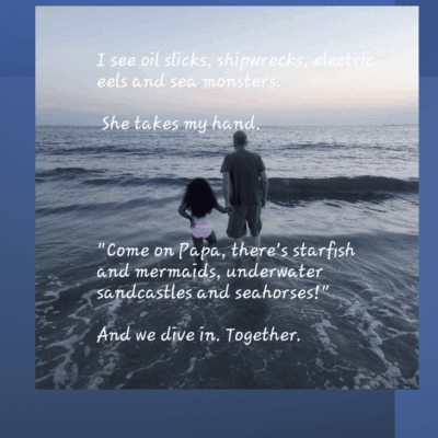 A couple walking on the beach with a quote that says, "she sees her.