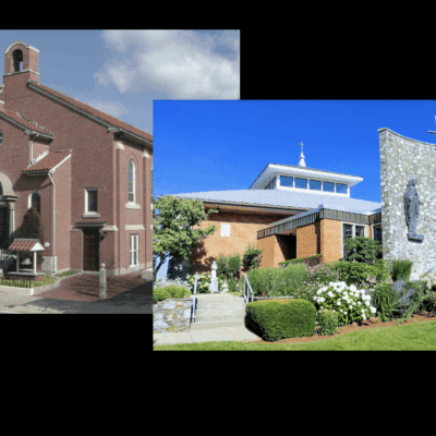 Two pictures of a church and a church with a cross.