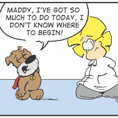 A cartoon of a woman talking to a teddy bear.