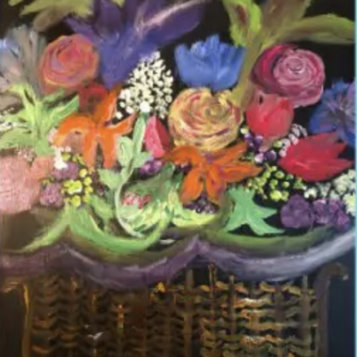 A painting of flowers in a basket on a black background.