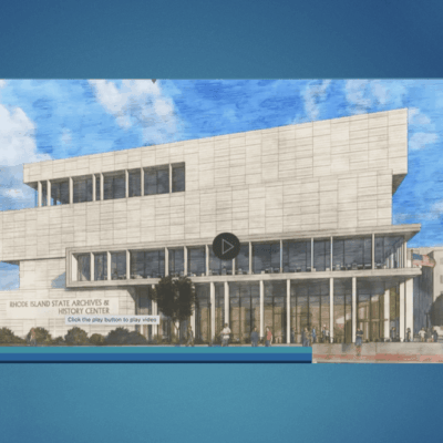 A rendering of an architectural building with a background structure.