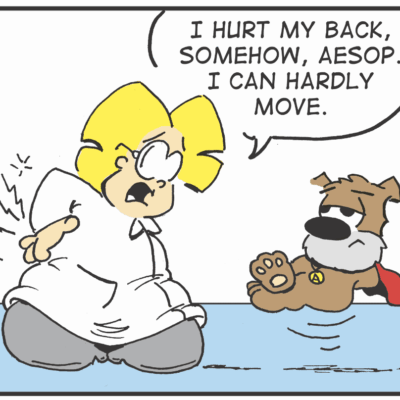 A cartoon of a woman and a dog.