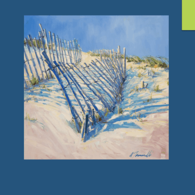 A stunning art piece showcasing a fence on sandy terrain.