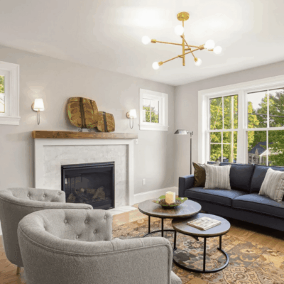 Home staging: A beautifully arranged living room with a cozy fireplace and inviting chairs.