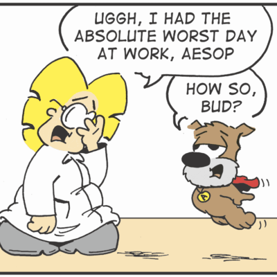 A comic strip featuring a canine companion and a lady, brought to life by talented cartoonists.