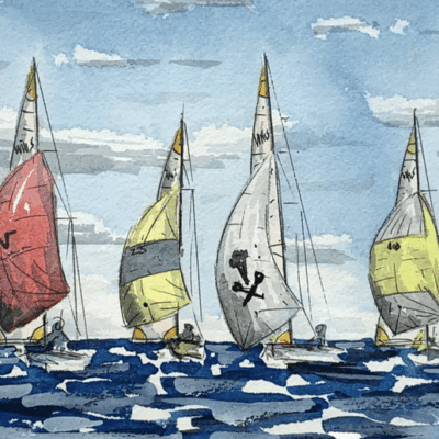 A watercolor art of sailboats in the ocean.