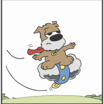 A cartoon of a dog flying through the air.