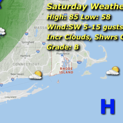 A Rhode Island weather map depicting the forecast for Saturday and Sunday.