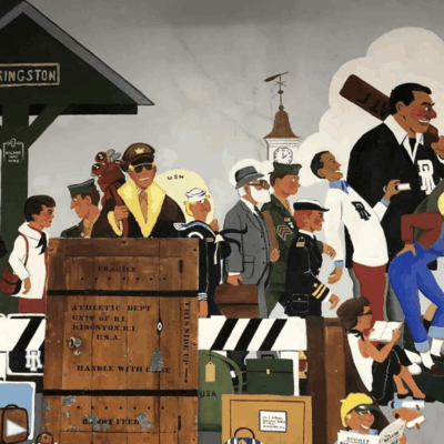 A mural depicting a group of veterans in a train station.