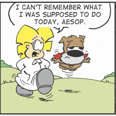 A cartoons of a dog running with a person in the background.