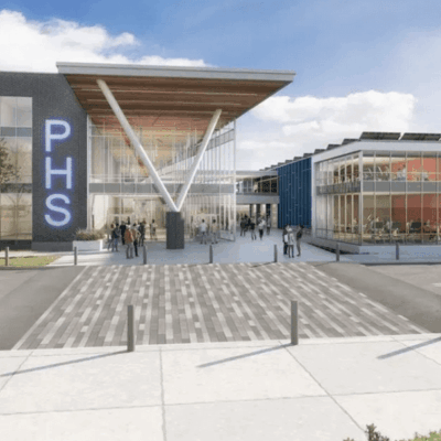 An artist's rendering of a new school building adjacent to McCoy Stadium.