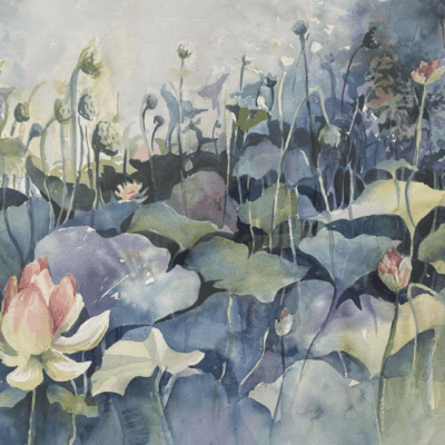 A lotus field depicted through watercolor art.