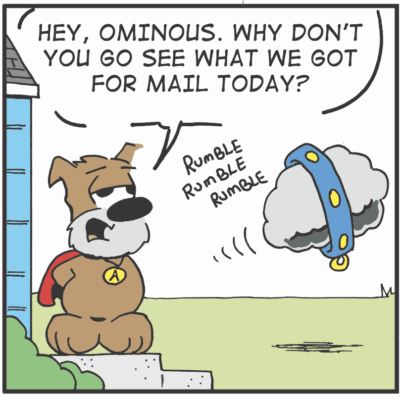 A cartoon of a dog with a sky full of clouds.