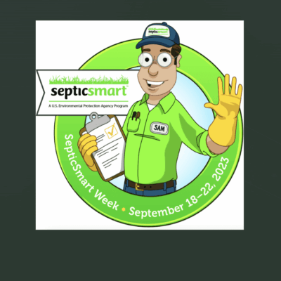 Septic smart logo featuring a man holding a sign promoting septic systems.