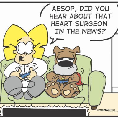 A comics of a woman and a dog sitting on a couch.