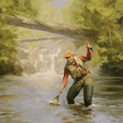 An art depicting a man fishing in a river.