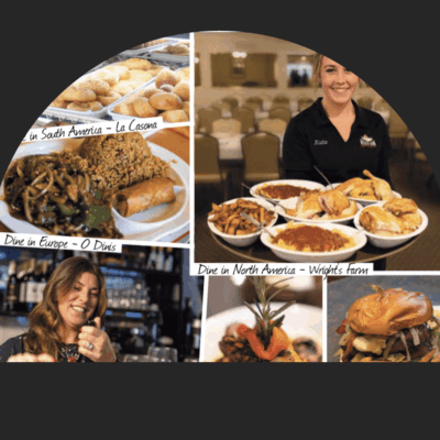 A collage of pictures of food and a woman holding a plate from various Blackstone Valley restaurants.