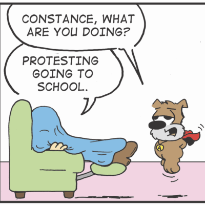 A comics of a dog sitting in a chair and saying,'what are you doing?'.